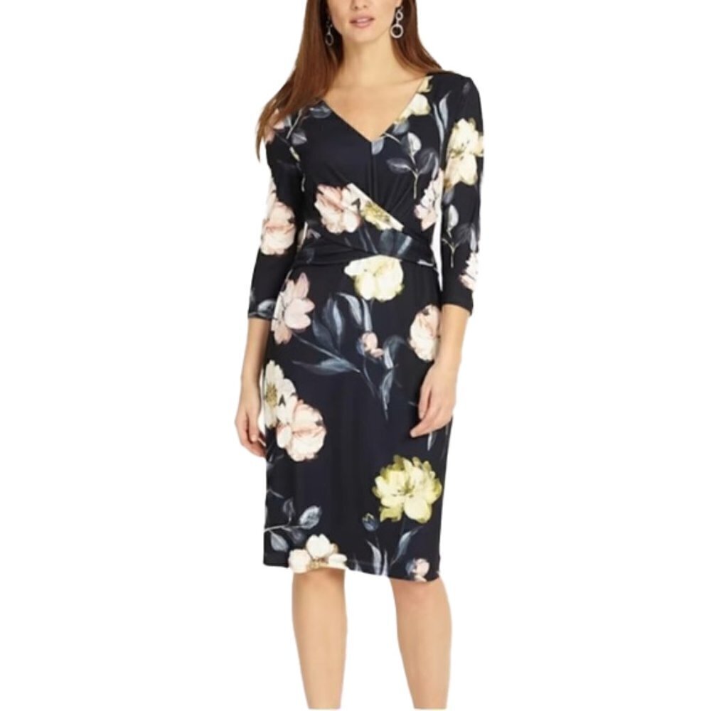🆕 T. TAHARI faux wrap midi sheath dress in black mums Floral Dress Size 10